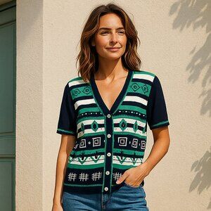 Vintage 80's Koret Colorful Short Sleeved Button KNIT  Sweater Cottage Granny